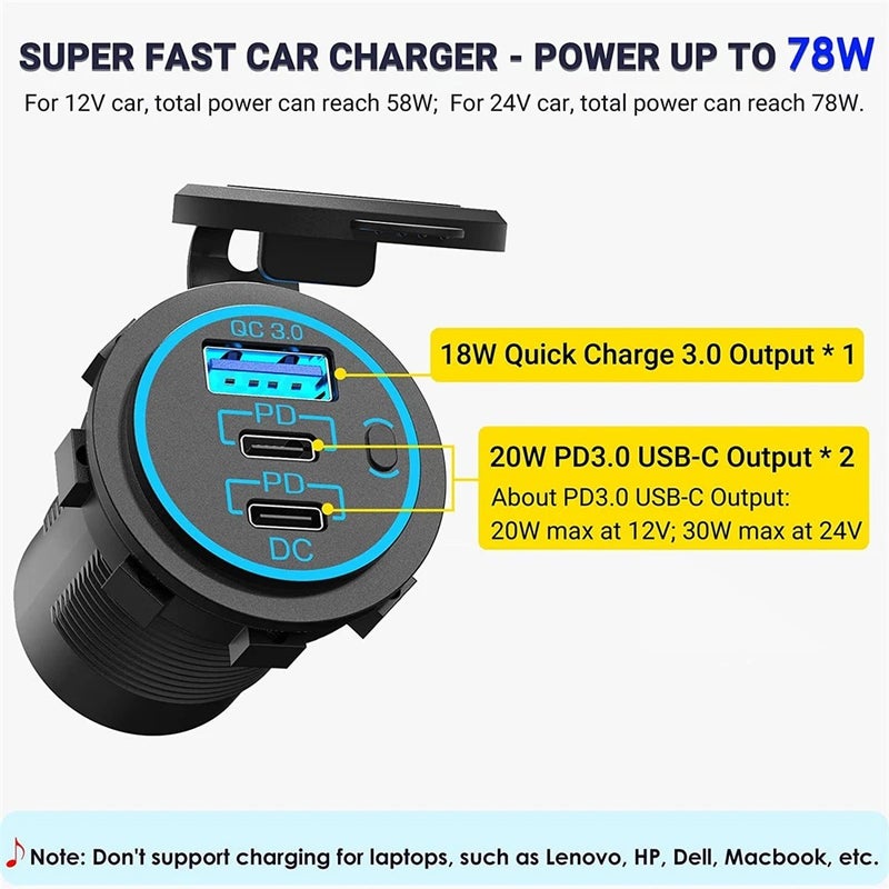Y&D Original Dual PD USB-C Fast Car Charger, QC3.0 Triple Power Outlet Cigarette Lighter Adapter, Automobile Chargers Electronic Accessories - Image 5